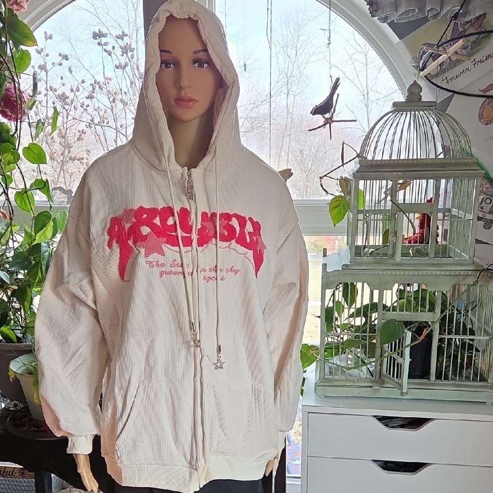 Y2K Beige Corduroy Zip Up Hoodie w/ TROUBLE Pink Embroidered Front ☆ XL ☆   NEW